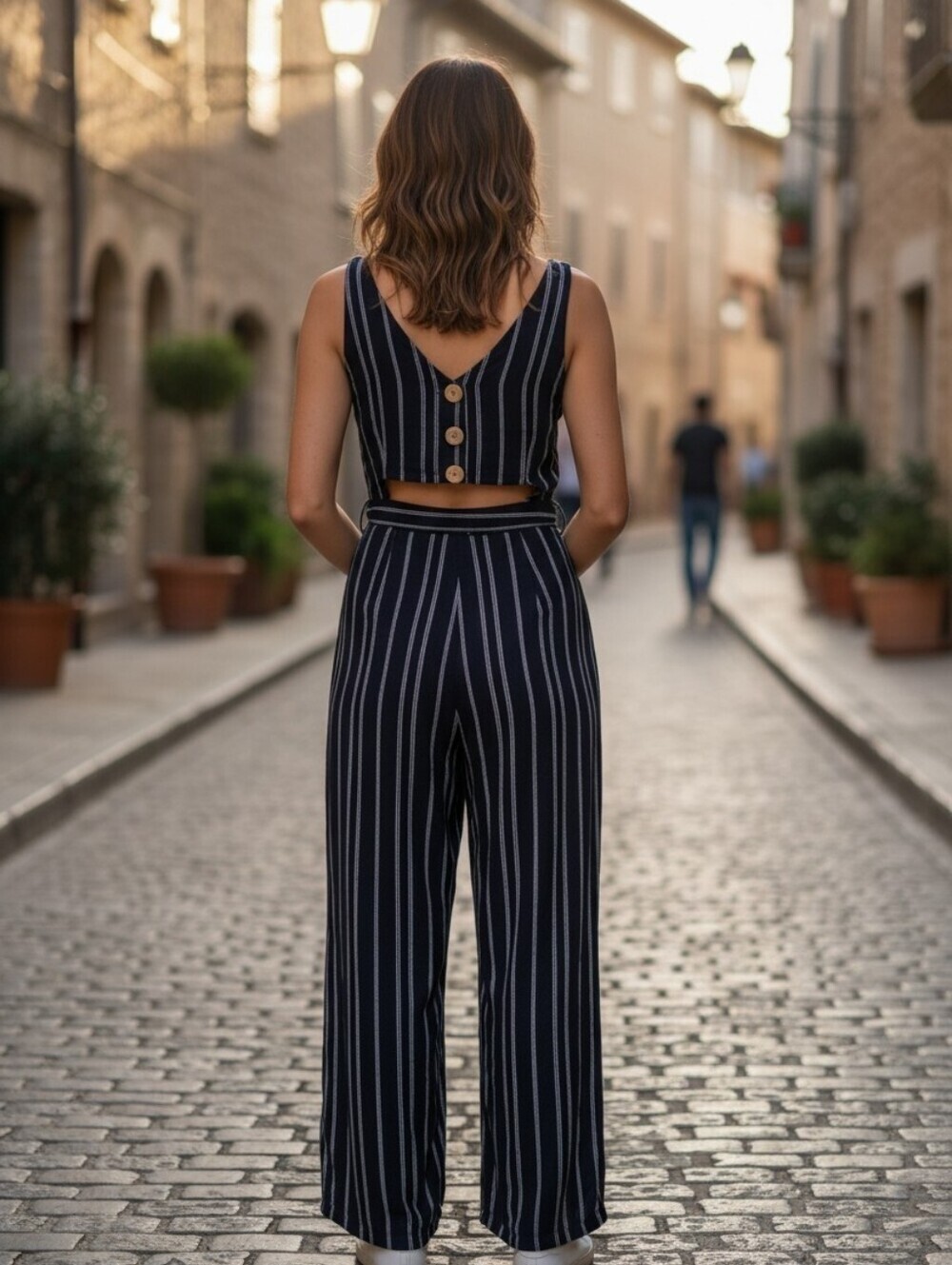 Striped V-Neck Tie-Waist Jumpsuit - Black/White Small